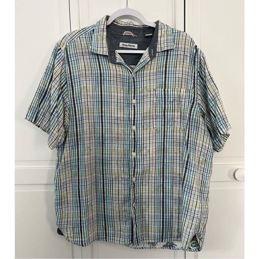 Tommy Bahama Hideaway Palms Zephyr Blue Plaid Short Sleeve Button Shirt Size XL